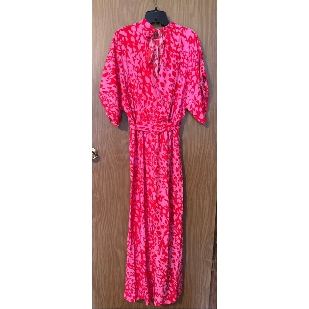 Hot Pink Batwing Sleeve Belted Wide Leg Jumpsuit - Picture 9 of 9